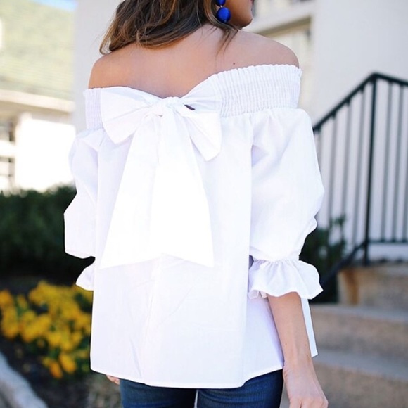 RESTOCKED!! White Off Shoulder Bow Smocked Top - Picture 4 of 7
